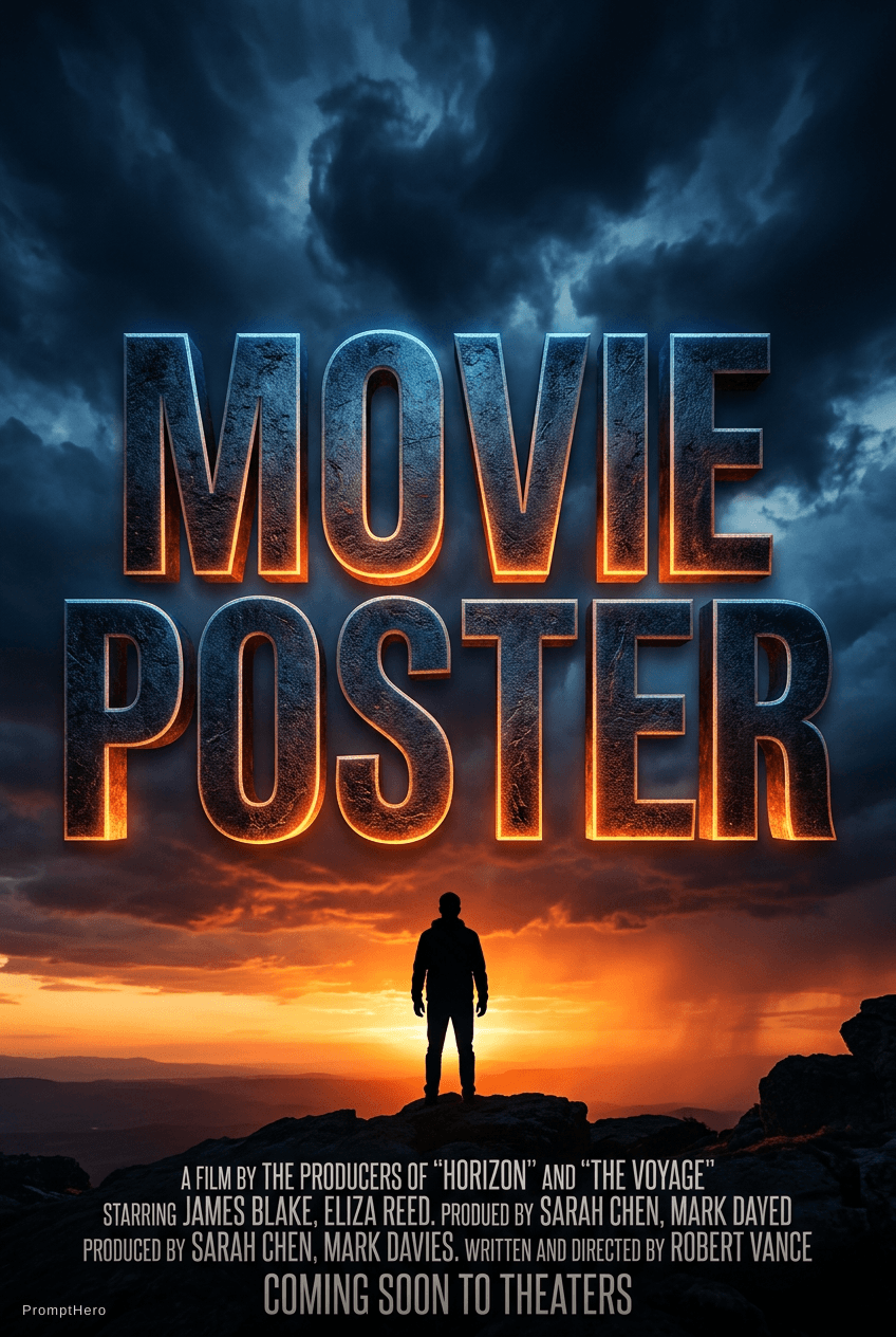 AI generated: Bold three-dimensional text reading 'MOVIE POSTER', silhouetted figure, vibrant sunset, dark swirlin...