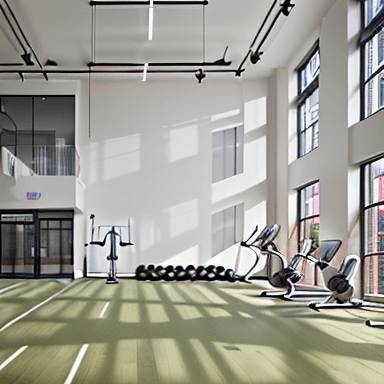 AI generated: High-resolution photography of interior design, of a gym inside a building with surrounding apartmen...