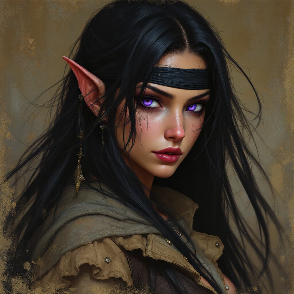 AI generated: Elven female gunfighter, long black hair, tan skin, violet eye, cowboy clothing, black eye patch
