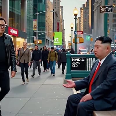 AI generated video: 뉴욕시내. 지나가던 NVIDIA CEO 젠슨황이 구걸을 하고 있는 북한지도자 김정은을 발견합니다. 젠슨황은 자기 가방에서 선물상자를 꺼내 김정은에게 건네줍니다. 김정은은 thank...