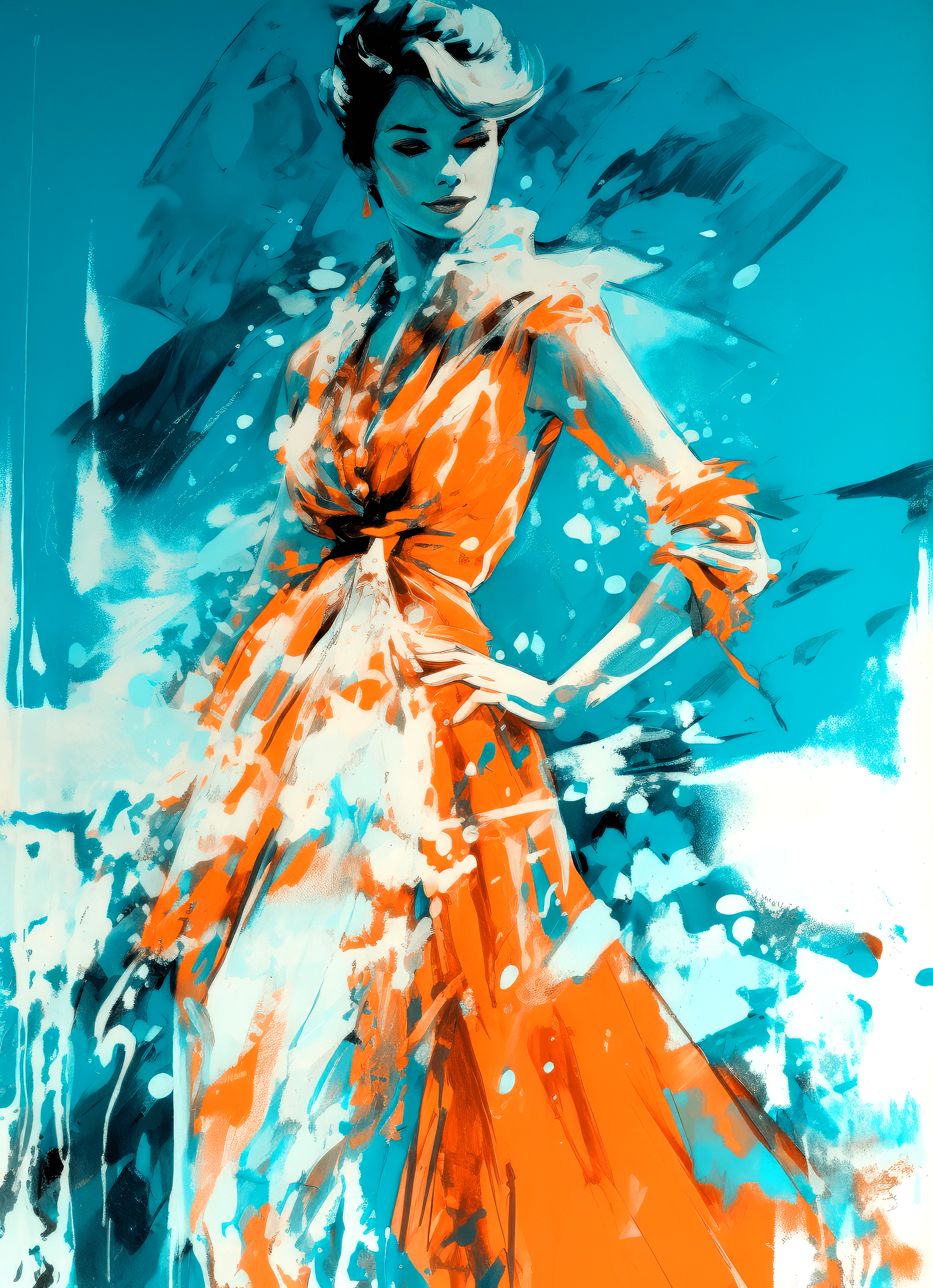 AI generated: tiffany huffman,'snow dress', in the style of vibrant, high-energy imagery, jean-gabriel domergue, o...