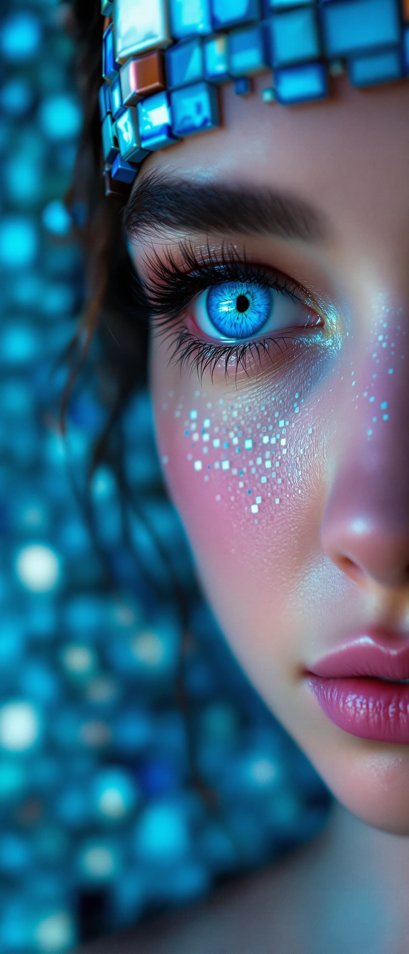 AI generated: A model in her 20's with vibrant blue eyes, haloed by mosaic tiles, detailed, intricate, full vibran...