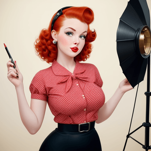 AI generated: Create an image of a redheaded pin-up girl working as a photographer. She should have the classic 19...