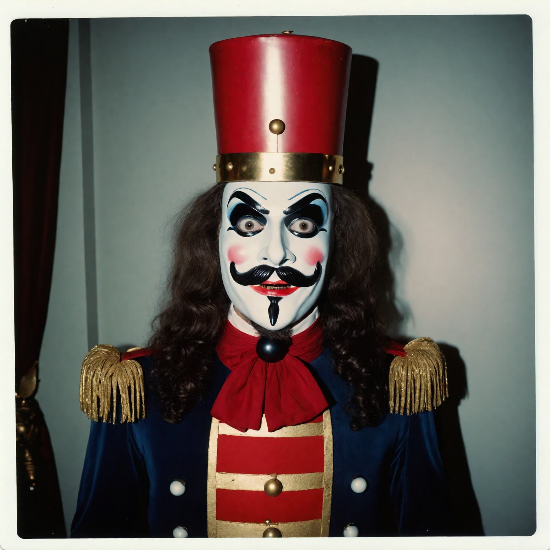 AI generated: A polaroid picture of a man dressed as an evil killer nutcracker, full body shot, head tilted slight...