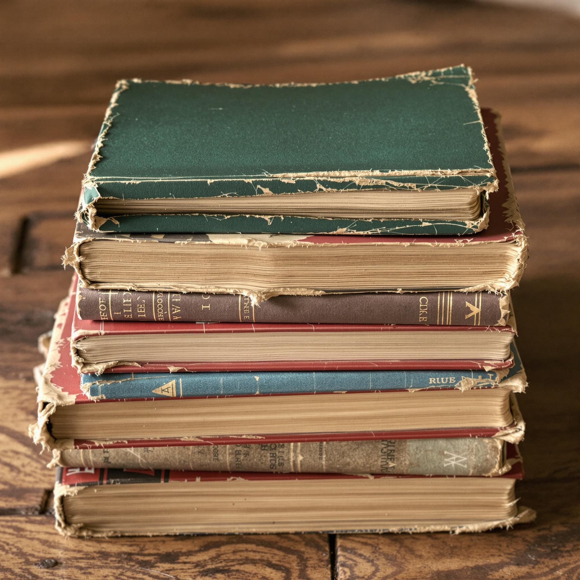 AI generated: The image presents a stack of aged, worn books on a wooden surface. The books show signs of consider...