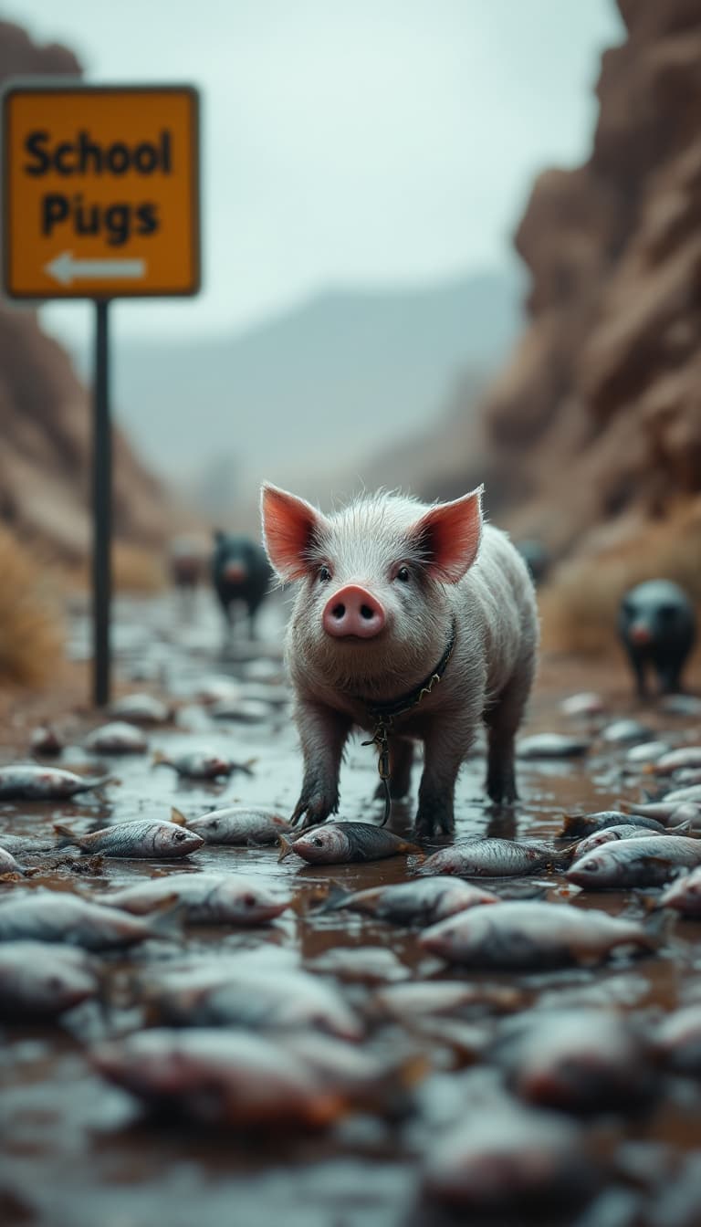 AI generated: a picture of a creature half fish, half pig, wet pig is hairy, with a leash tied to a school sign in...
