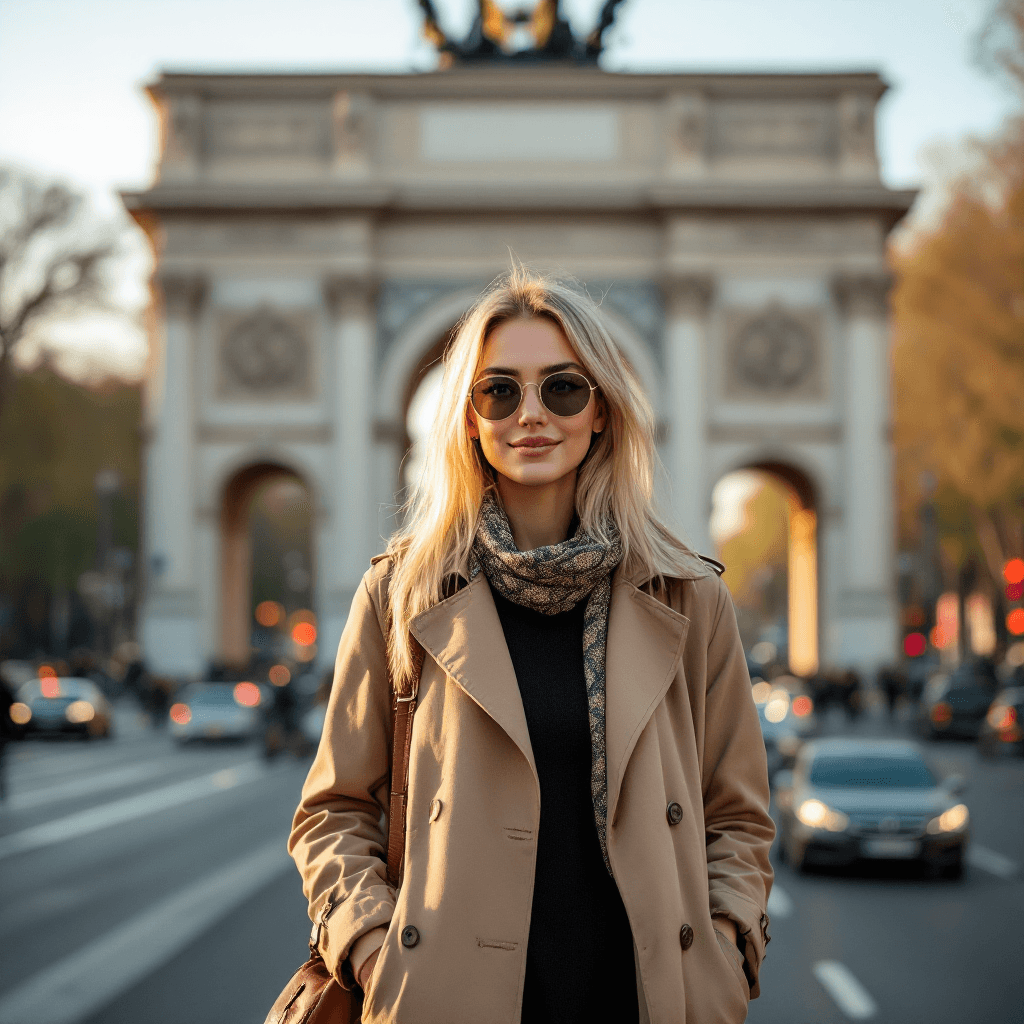 AI generated: Full-body dynamic photography of a 26-year-old woman, standing confidently in front of Madrid's icon...
