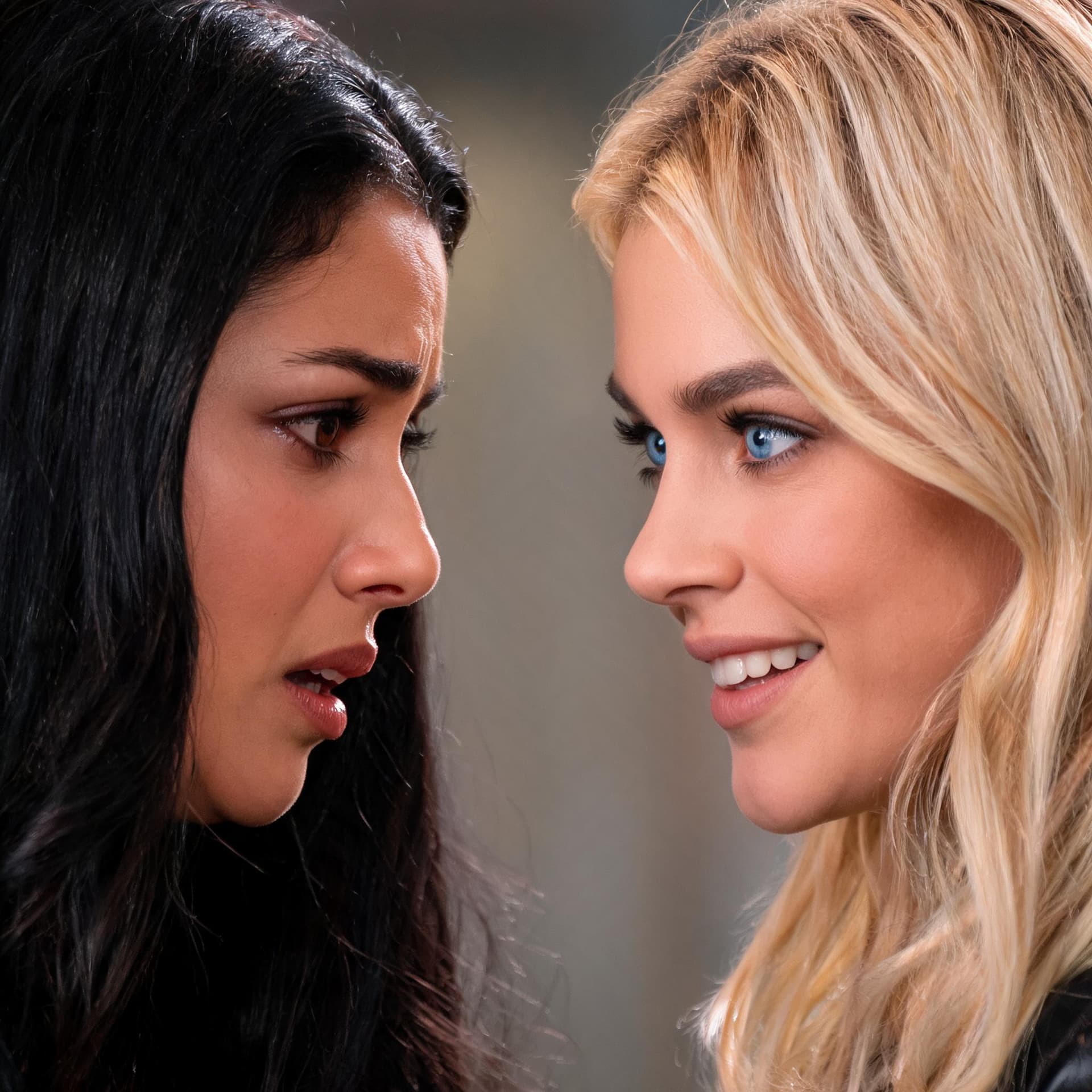 AI generated: a mexican raven haired beauty brown eyes looking at an american blue eyed blonde the blonde looks de...