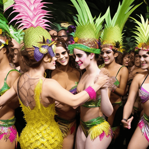 AI generated: photo of Emma Watson as a curvy samba dancer, elaborate leafy pineapple fruit bodysuit-style thong s...