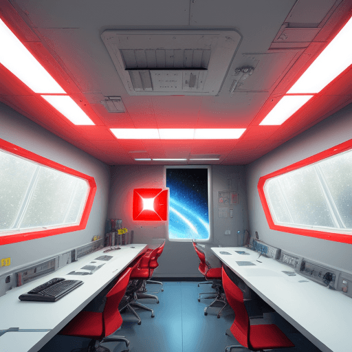 AI generated: spaceship technology lab, galaxy on the window, big red emergency light, emergency