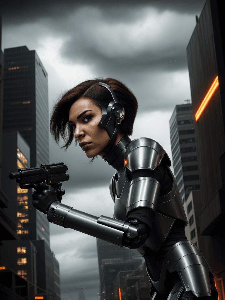 AI generated: photoshoot full-length portrait, black armed female cyborg without helmet, short brown hair, armed f...