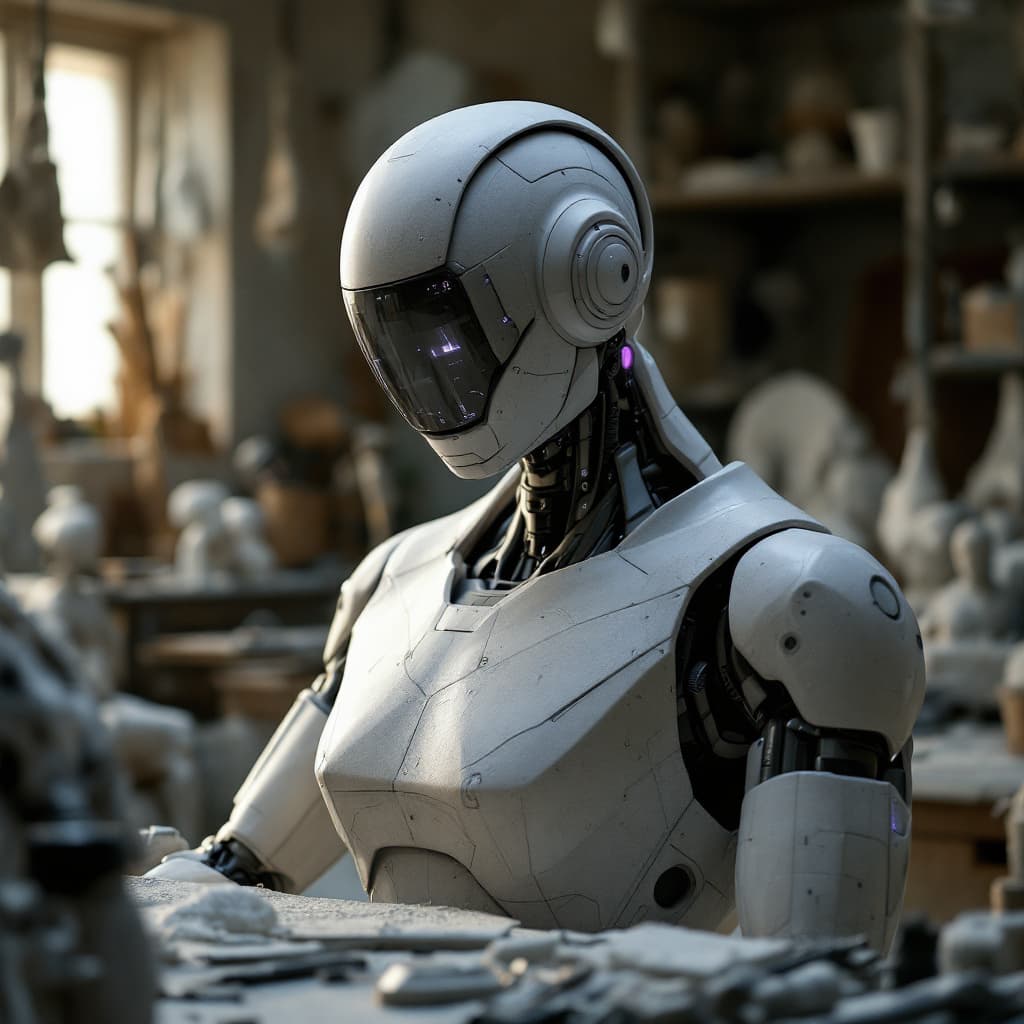 AI generated: A highly detailed cinematic shot capturing a technology sculptor from the knees up, skillfully chise...