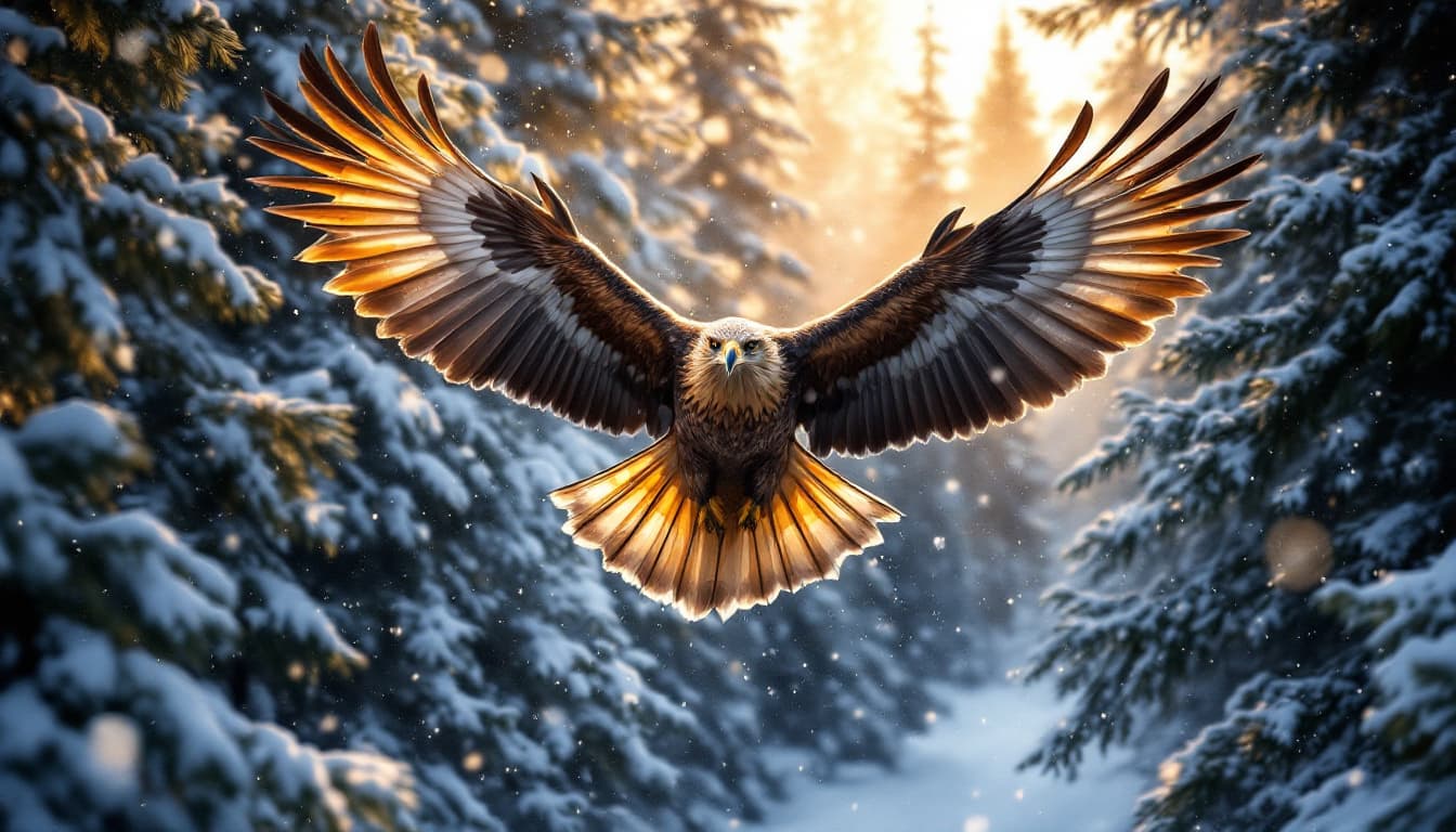AI generated: A majestic golden eagle (Aquila chrysaetos) soaring gracefully through a dense forest of snow-covere...