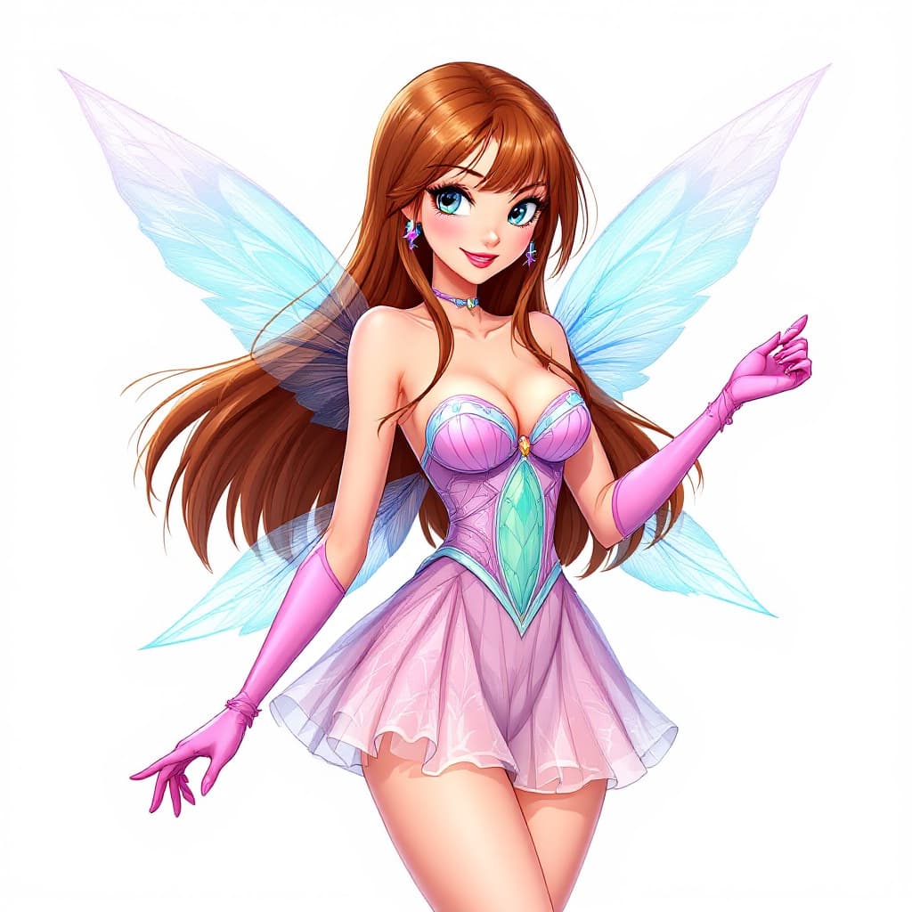 AI generated: meyoco anime digital art style Flora from winx, transformation, fairy wings translucent , mini dress...