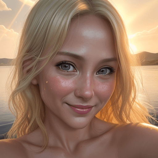AI generated: hot wet skin, many details, photo filters, amazing look, cool looking, looking up and smiling, sun r...