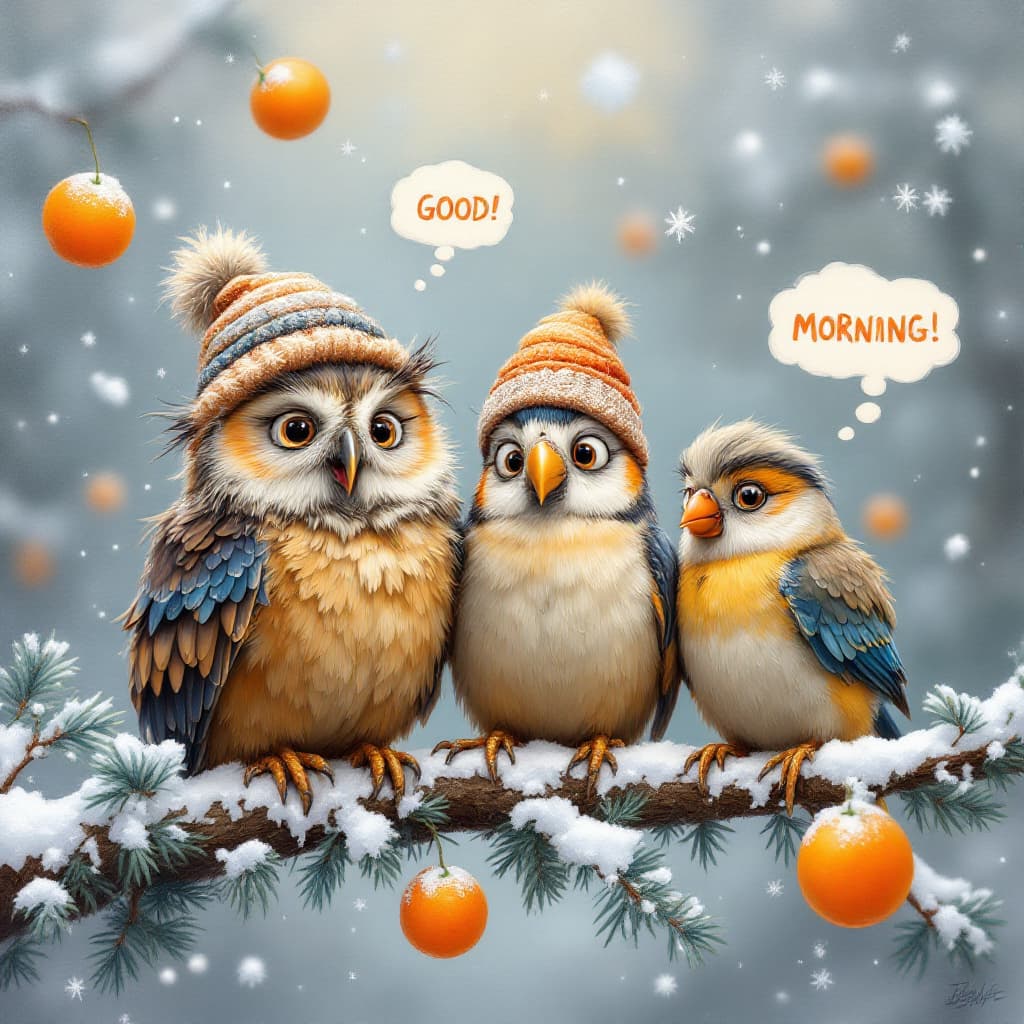 AI generated: An airbrushed oil painting in Disney Pixar style depicting three funny cartoon birds an owl, a parro...