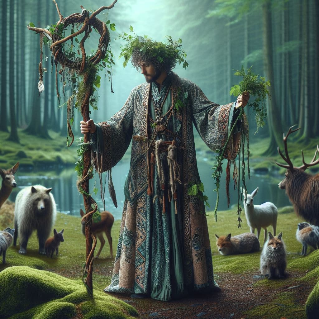 AI generated: A mystical druid with an intricate robe adorned with natural elements like leaves and vines, wieldin...