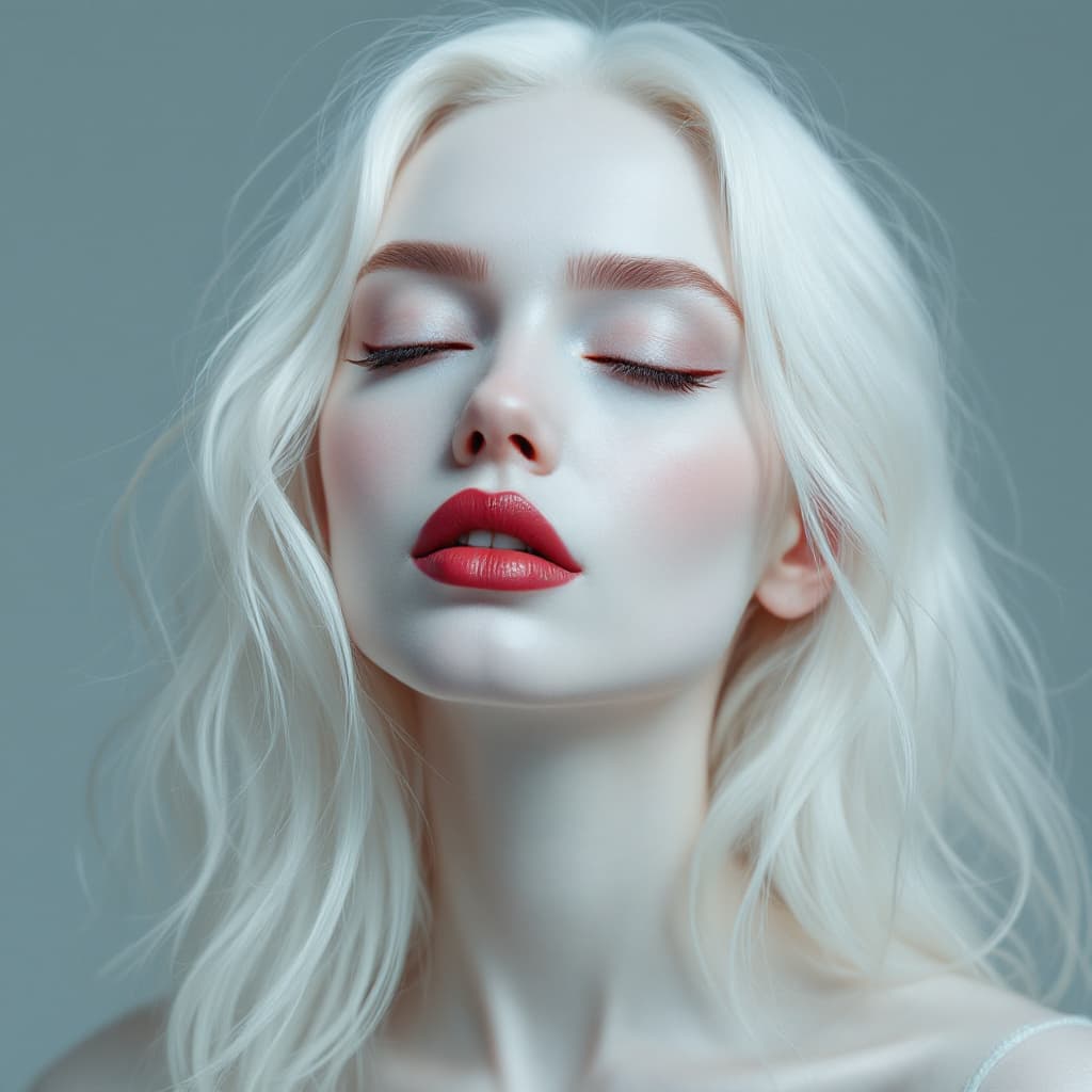 AI generated: "A hyper-realistic, ultra-detailed portrait of a pale-skinned woman with platinum white hair. Her ey...
