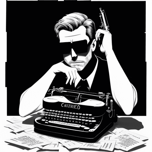 AI generated: illustration typewriter mixed with a gun, shooting a man's head, papers around, poor light, black ba...