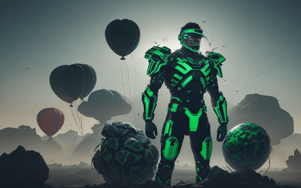 AI generated: brutal man warrior stands after the battle, looking into the distance, on top of a bunch of balloons...
