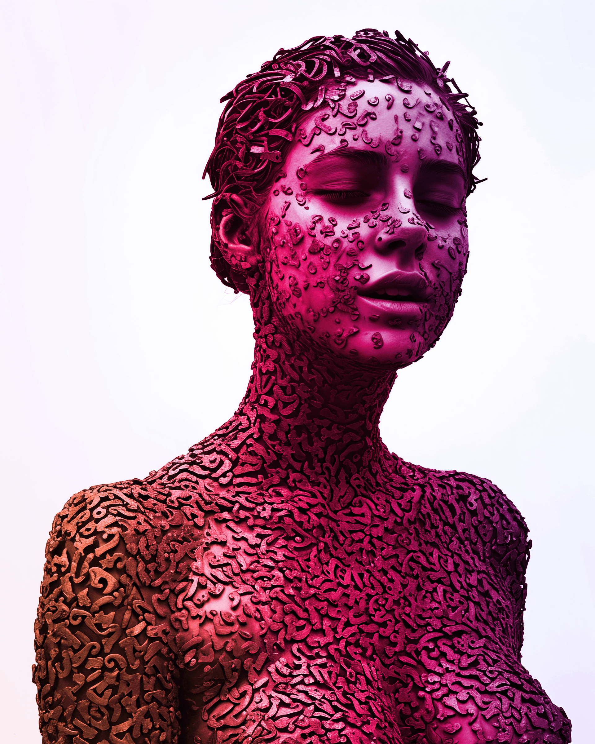 AI generated: full Portrait, Digital art sculpture, a portrait of a girl made from an arrangement of many tiny bur...
