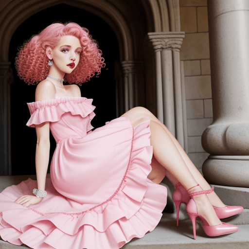 AI generated: pink ruffle dress, in a castle, pink heels, red lipstick, curly hairs, white and blue chocker, soft ...