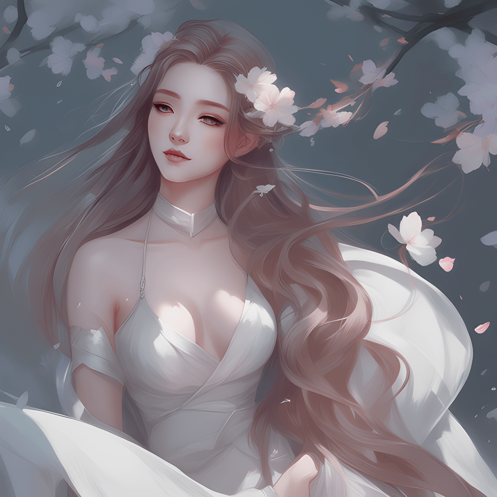 AI generated: a close up of a woman with long hair wearing a white dress, artwork in the style of guweiz, made wit...