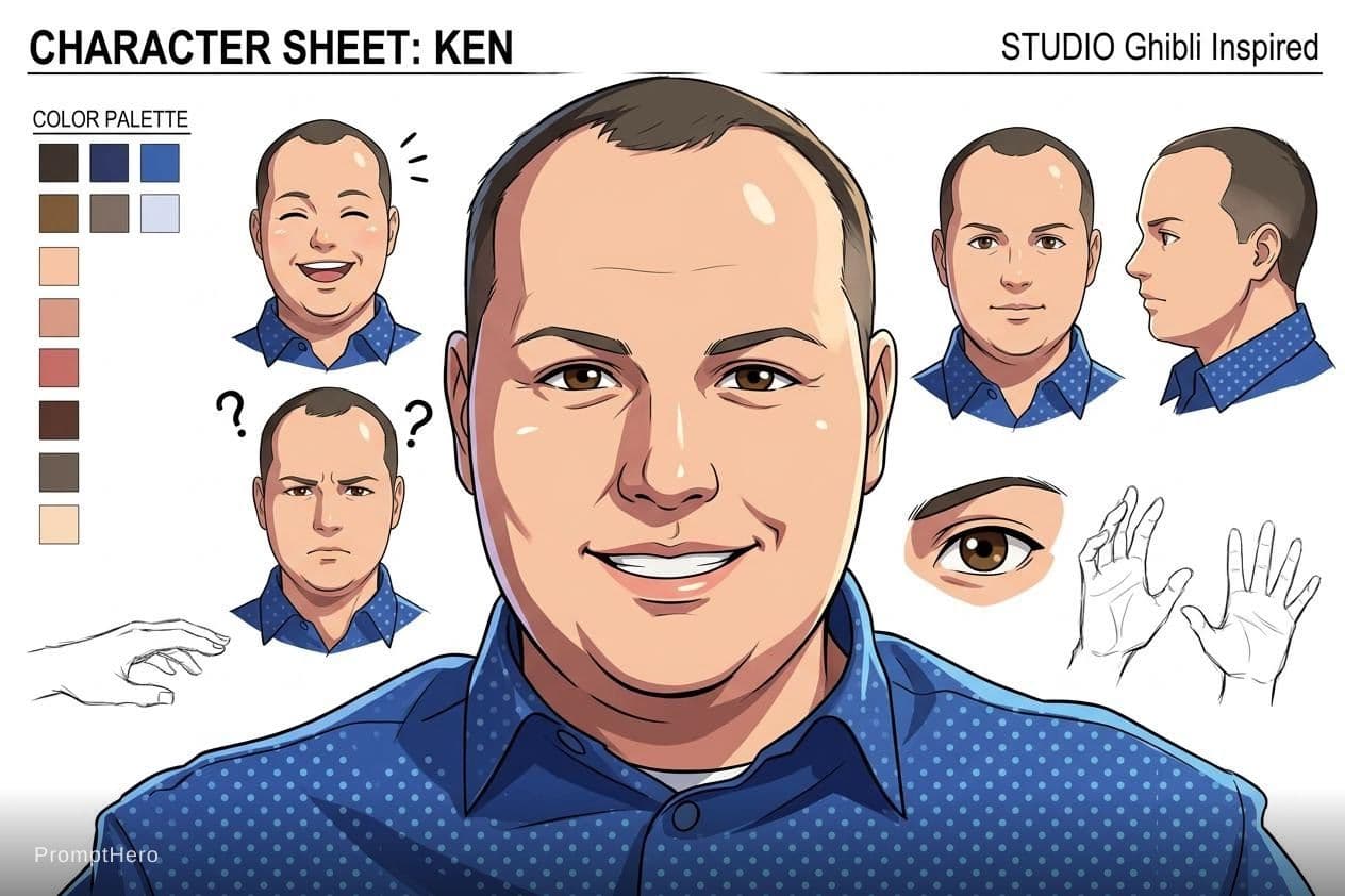 AI generated: Anime-style character sheet, headshot of a person based on a real photo. Sharp eyes, dynamic hair, c...