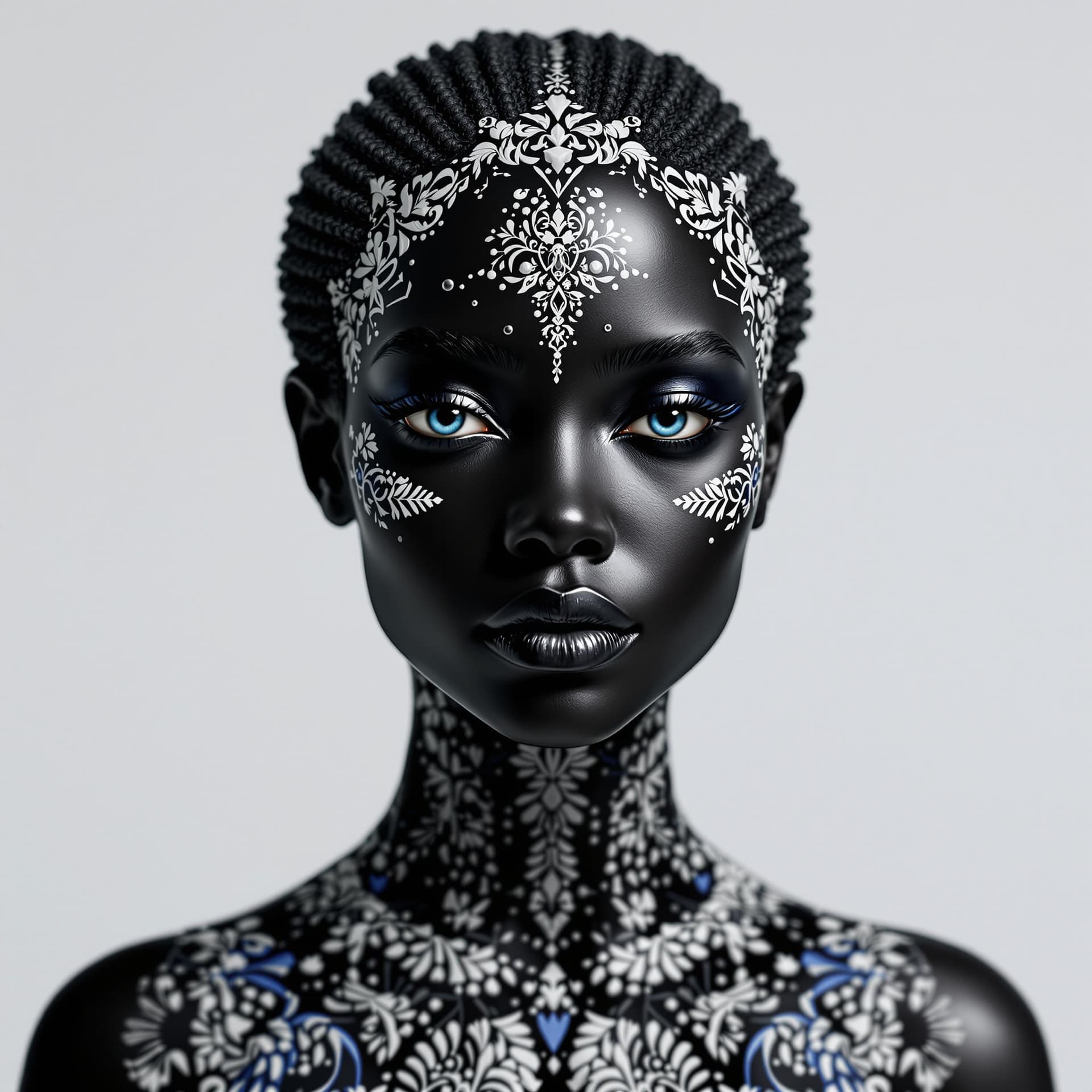 AI generated: a black woman made out of black porcelain, in the style of balanced symmetry, white and blue, detail...