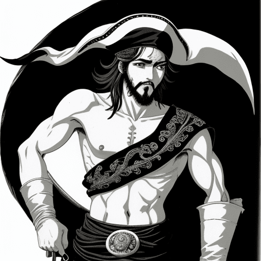 AI generated: Pirata esqueleto , detalhes altos , anime dos anos 90 , preto e branco , cor de fundo preta