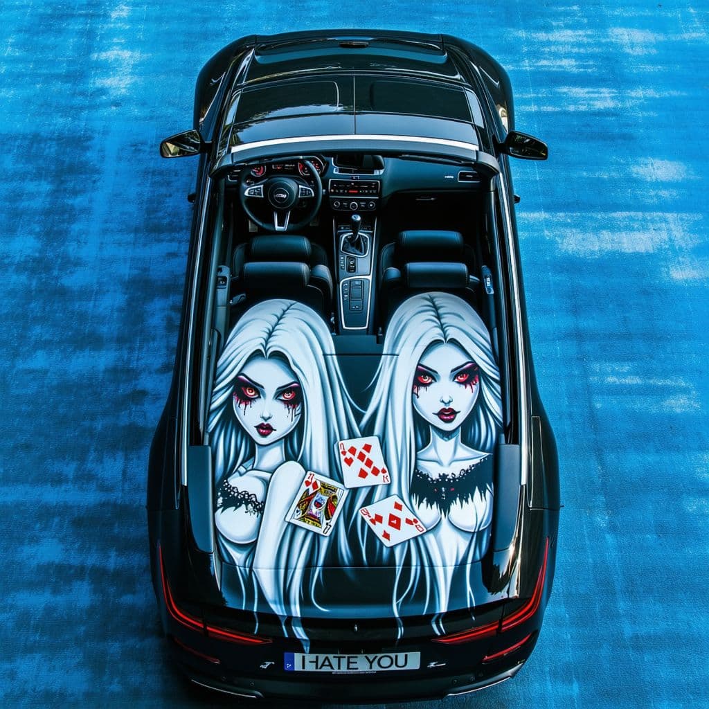 AI generated: The rear Ariel drone view side of a black convertible car. The car's trunk is adorned with gothic gr...