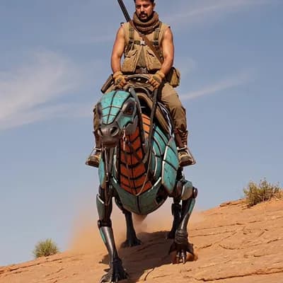 AI generated video: A lone desert scout riding a robotic reptile-like pack mount up a rocky slope under a wide open sky,...