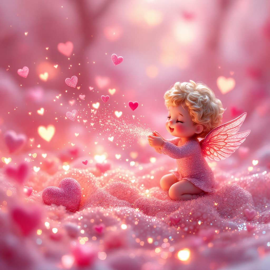 AI generated: A romantic Valentine's Day scene set in a dreamy, ethereal world. The environment sparkles with irid...