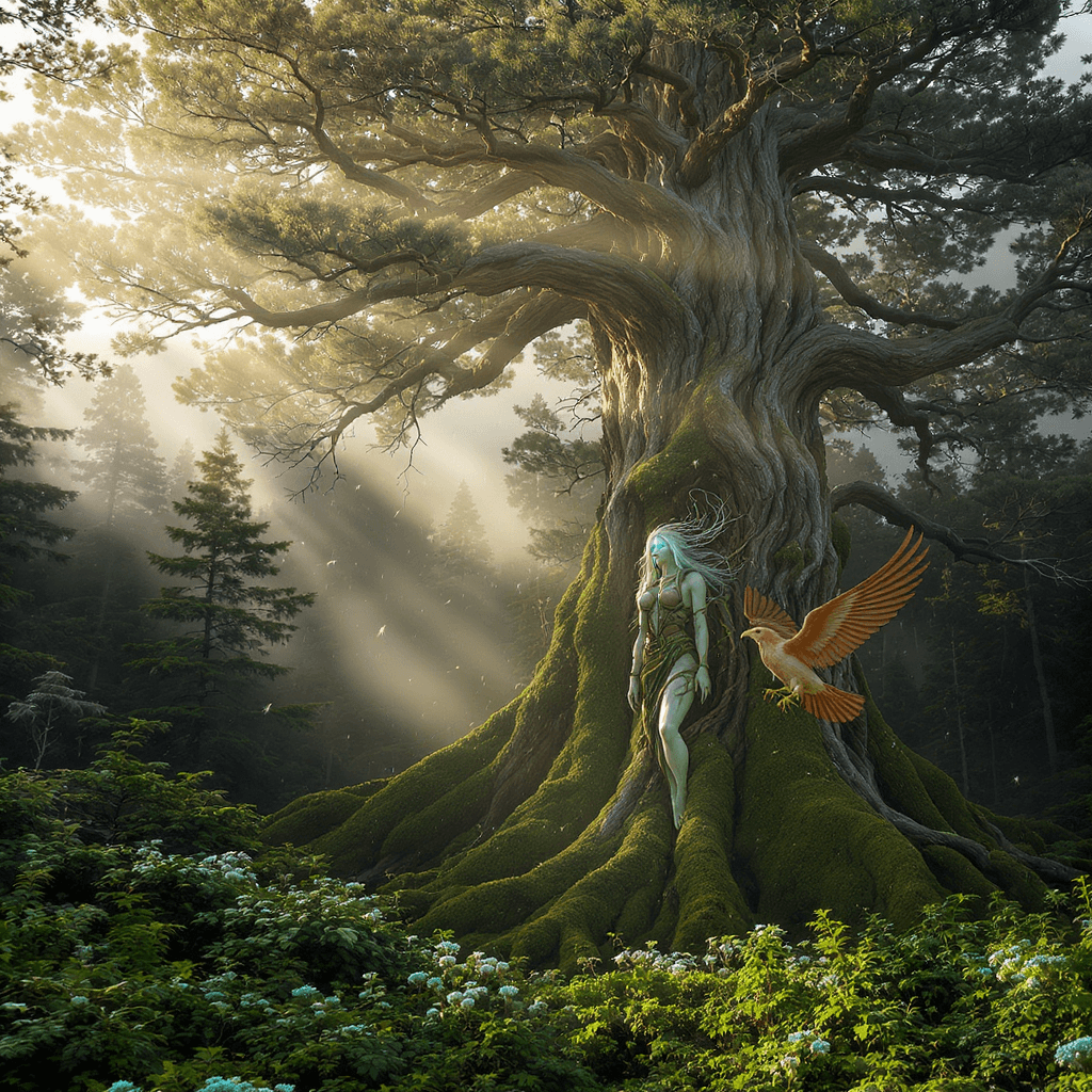AI generated: "Bosque boreal nórdico primigenio al amanecer, con enormes abetos, pinos y fresnos centenarios cubie...