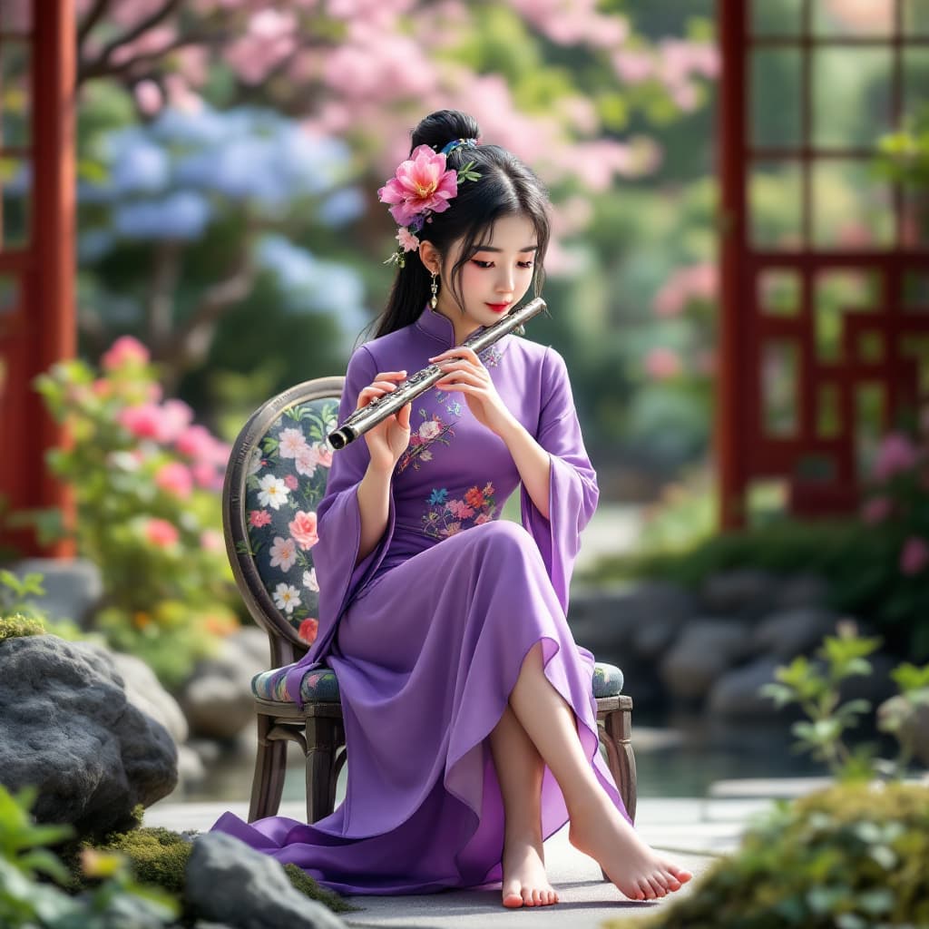 AI generated: full body view a dark haired girl dressed in an asian style, very short purple Cheongsam, flower in ...