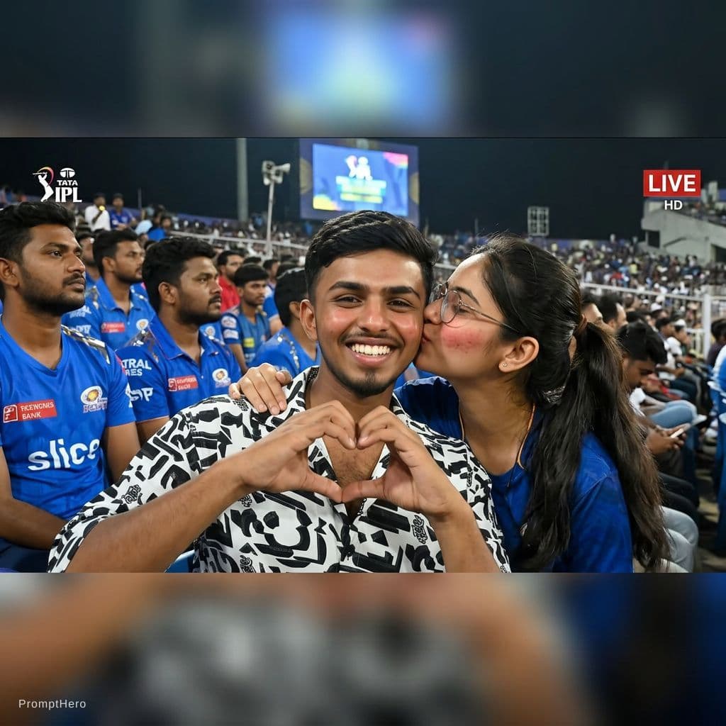 AI generated: Ultra-realistic IPL live broadcast crowd-cam animation, same boy and girl from uploaded image, exact...