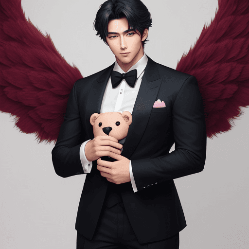 AI generated: A very handsome anime-mesmerizing male teddy bear that's holding a heart with a very suave outfit an...