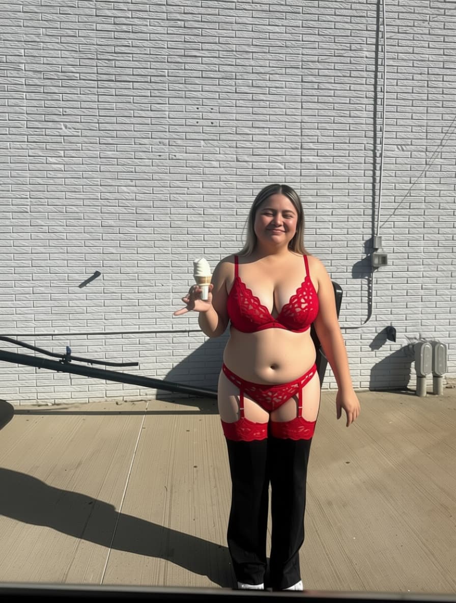 AI generated: Make the panties smaller make it look like a thong and make her red lace bra