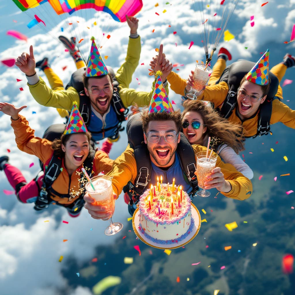 AI generated: A lively group of skydivers floats through the air, their colorful parachutes billowing behind them....