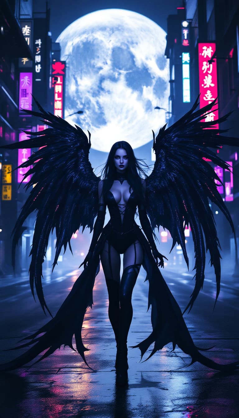 AI generated: epic fantasy character art, woman in a black outfit with wings, city street at night, illuminated by...