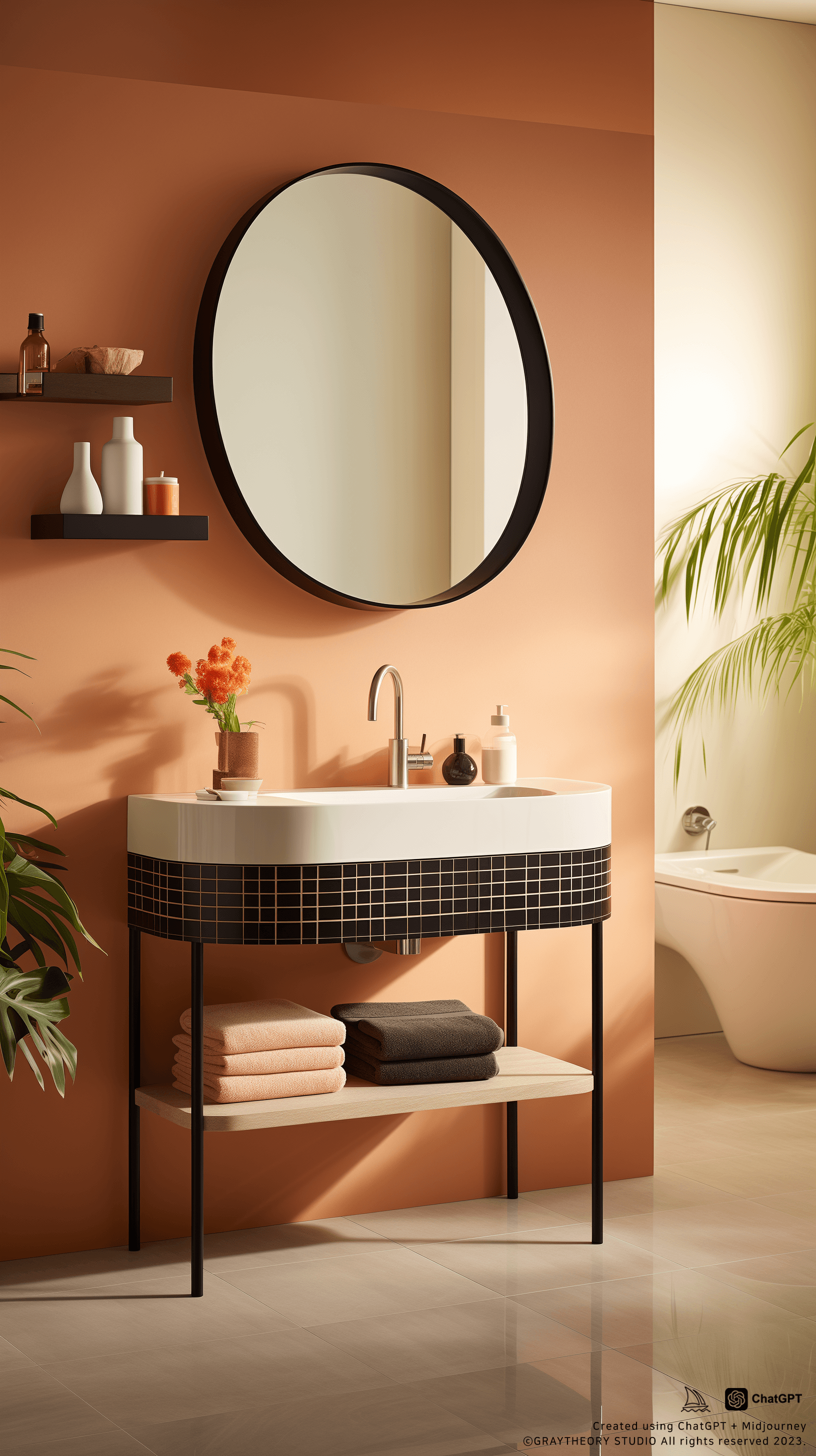 AI generated: circle mirrors in a bathroom with white walls, in the style, minimalist outlines, light pink and dar...