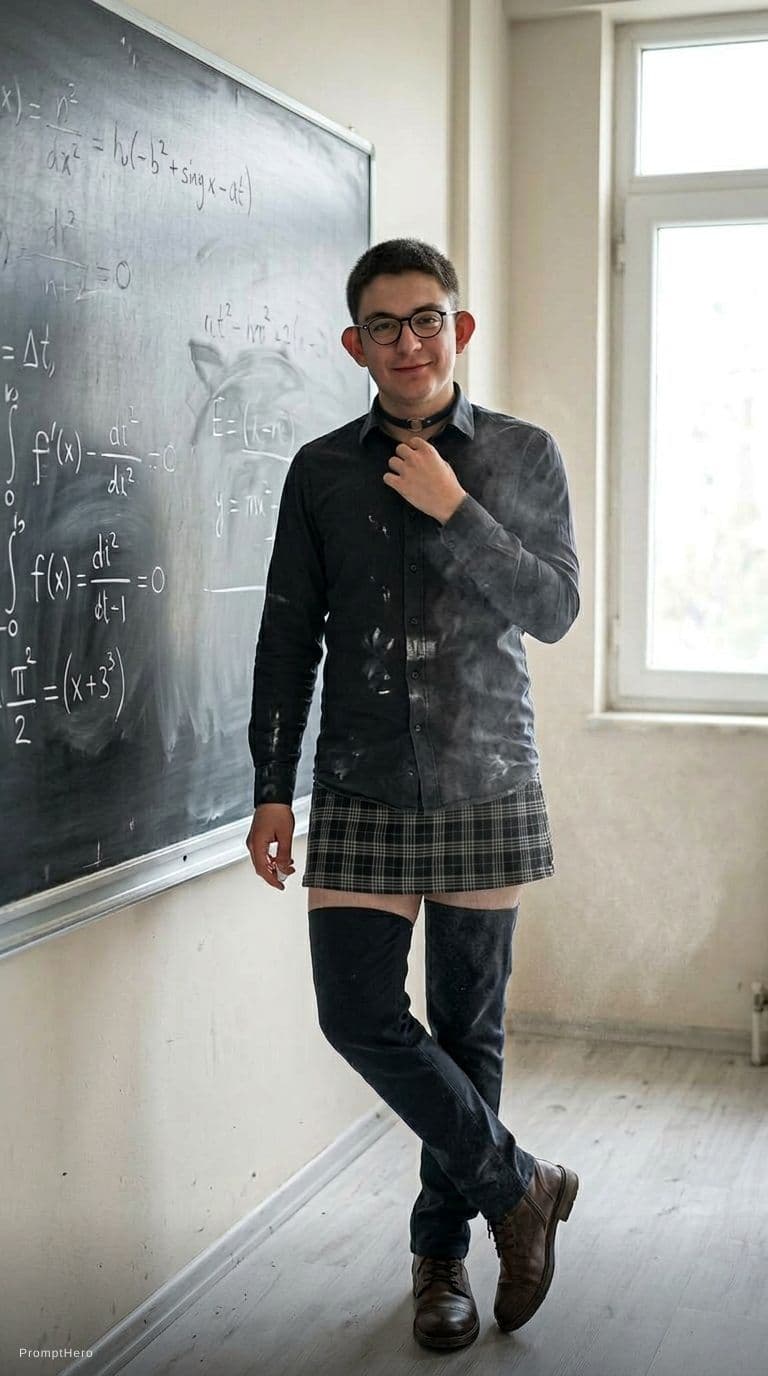 AI generated: Alluring math teacher by the blackboard", "appearance": "Straight white - keep the exact same face a...