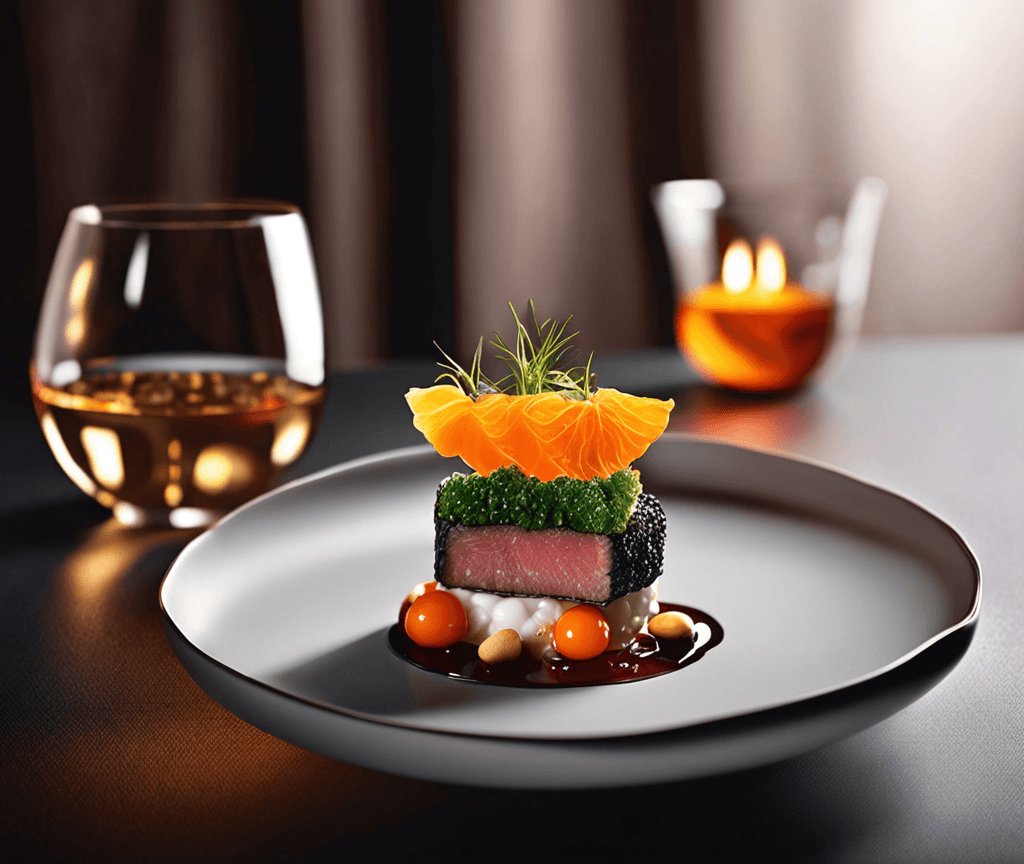 AI generated: Capture a close-up shot of a mouth-watering beautifully arranged Swedish ‘Wagyu and Pearls’ on crout...