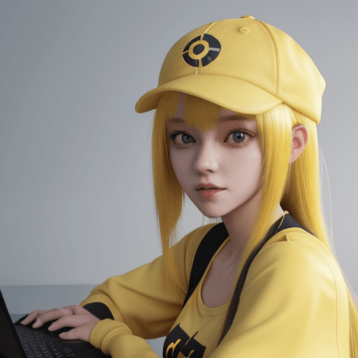 AI generated: 1girl using computer, upper body, (dark simple yellow cap:1. 3), a character portrait, trending on A...