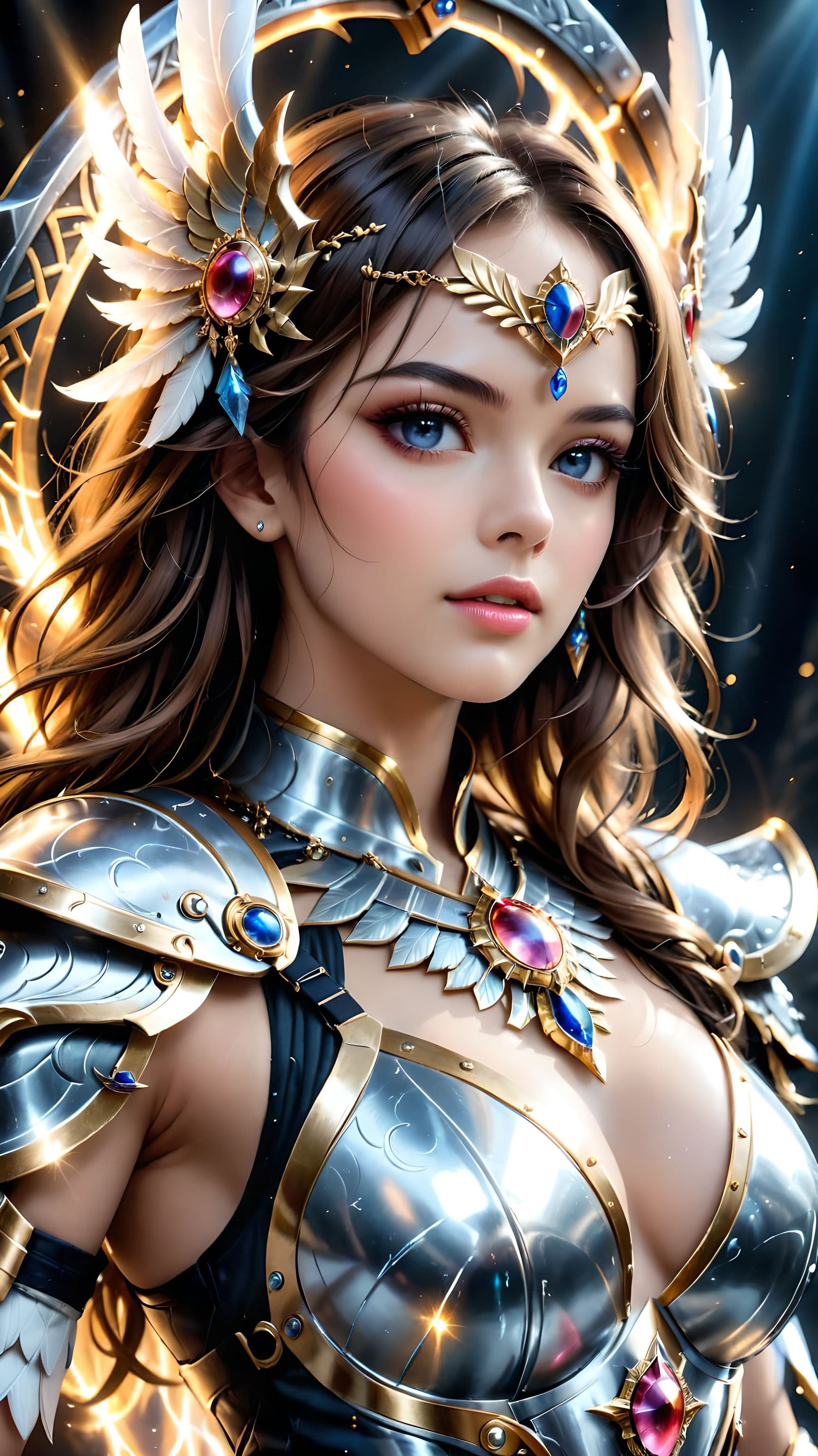 AI generated: Celestial Valkyrie, draped in radiant silver armor infused with intricate divine inscriptions, her g...