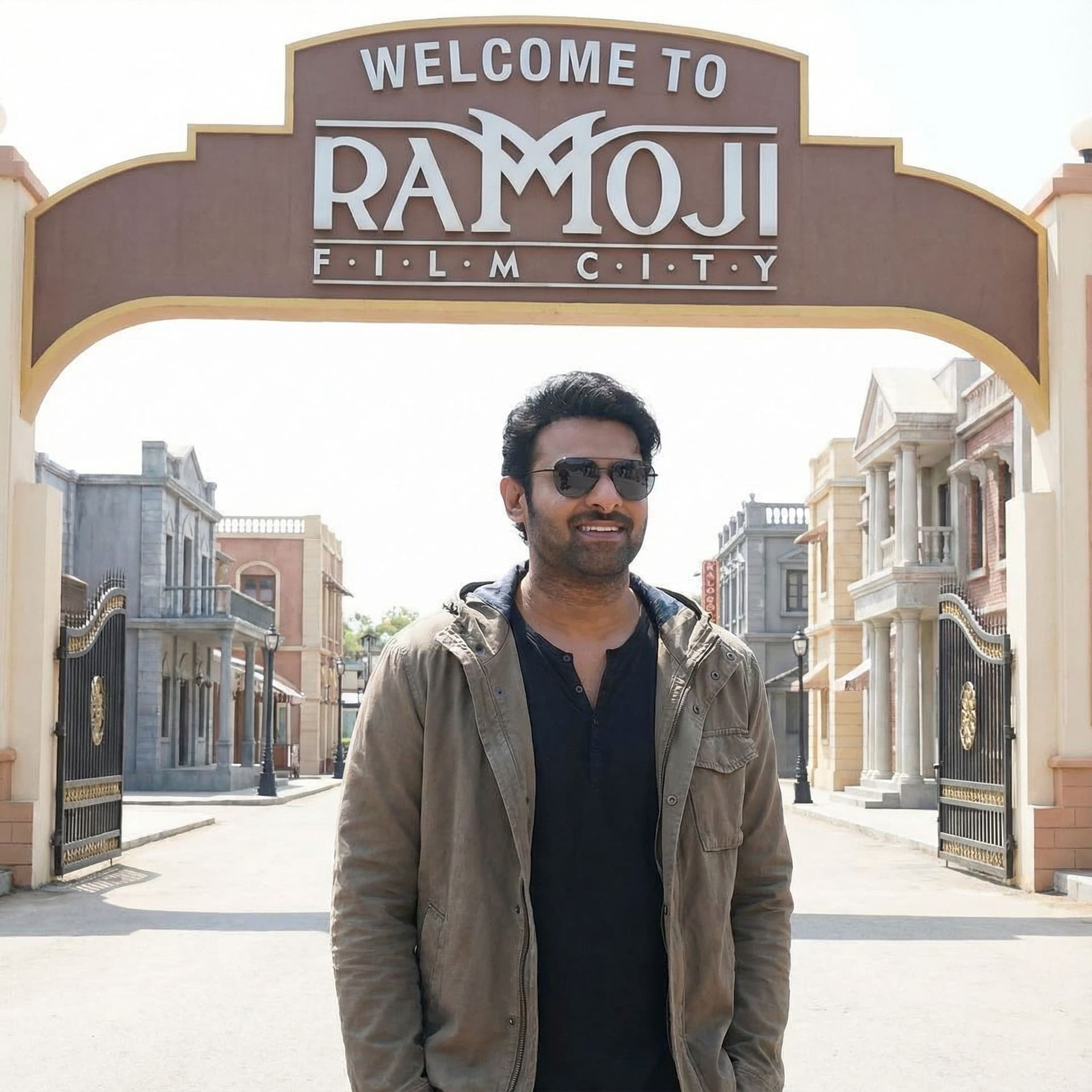 AI generated: Create an image using prompt hero with my favorite hero prabhas at ramoji film City of Hyderabad 