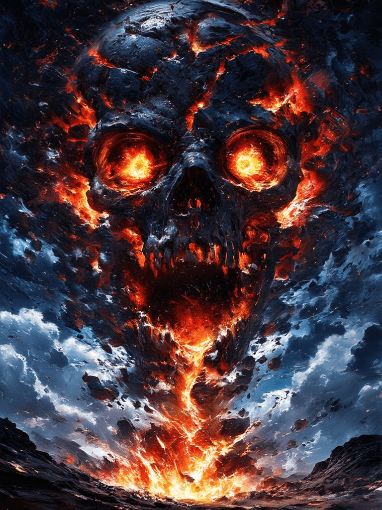 AI generated: A towering, colossal skull floats centered in the stormy night sky, staring directly into the viewer...