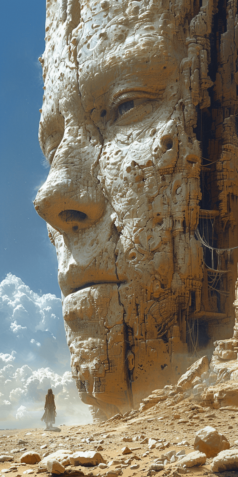 AI generated: large humanoid face with detailed and complex facial in the desert, a fantasy landscape in the style...
