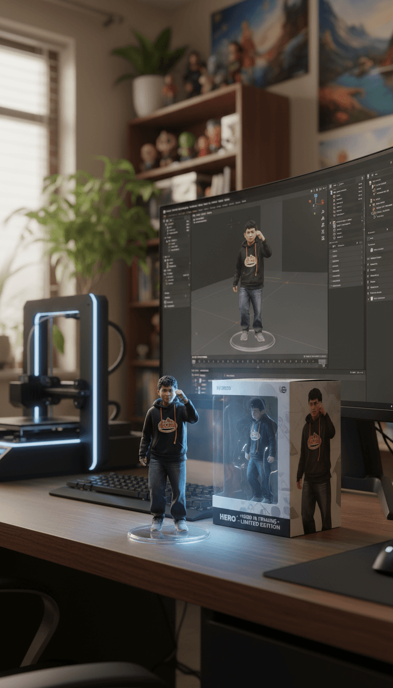 AI generated: Transforming the photographed person into a realistic 3D figurine in front of a computer desk. The c...