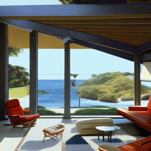AI generated: Hyper realistic eye level exterior photo of a mid century modern style house overlooking the ocean, ...